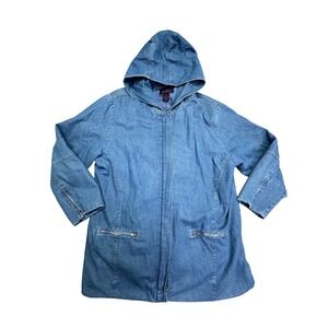 Denim & Co Blue Hooded Denim Jacket Plus‎ Size 1X Lined Zip Pockets Cuffs Coat